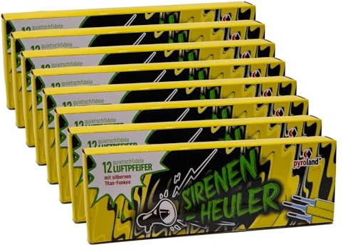 Pyroland Sirenenheuler 96 (8x12'er) Stück, quietschende Luftpfeifer mit silbernen Titan-Funken, Jugendfeuerwerk für Silvester und Geburtstag