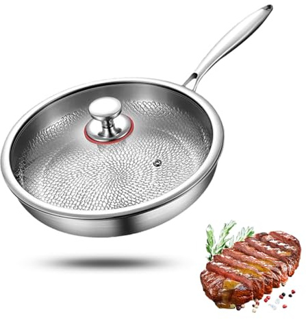 IDAMAKON Premium Uncoated Titanium Bratpfanne,28cm Dreilagige Edelstahl Pfanne Bratpfanne mit Deckel, Titan Pfanne Unbeschichtet Kratzfeste Antihaftpfanne Gehämmerte für Alle Herdarten Geeignet