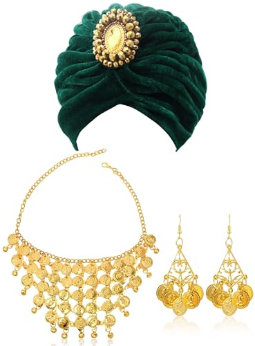 LQTSLFM Wahrsagerin Kostüm Zubehör Damen, Indischer Turban Hut + Goldmünzen-Halskette und Ohrringe, Indische Costume Accessoires Set für Karneval Rollenspiel Feiertagsparty (Grün)