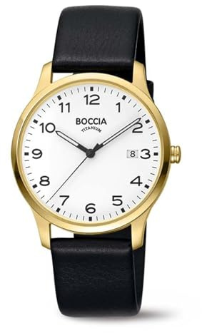 Boccia Titanium Herrenuhr 3620-08 Titan gelbgoldfarben 39 mm mit weißem Zifferblatt, Quarz Armbanduhr mit Lederarmband schwarz, Datum, wasserdicht 5 bar, klassisch elegant