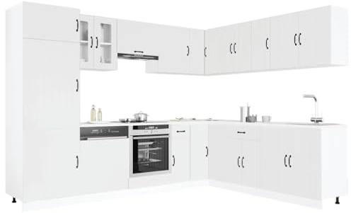 Mimdixy Armoire sous évier Buffet - Commode de cuisine - 14 pièces - En bois - Blanc - Meuble bas d'angle pour salon, cuisine et bureau - Facile à entretenir