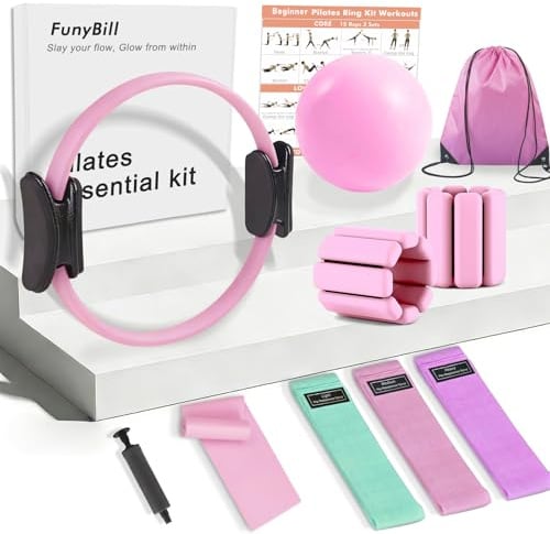 FunyBill Pilates-Ring-Set, Pilates-Ausrüstung für das Heimtraining mit 35cm großem Magic Circle, Knöchel- und Handgelenkgewichten, Widerstandsbändern, für Anfänger geeignet, tolles Geschenk für Frauen