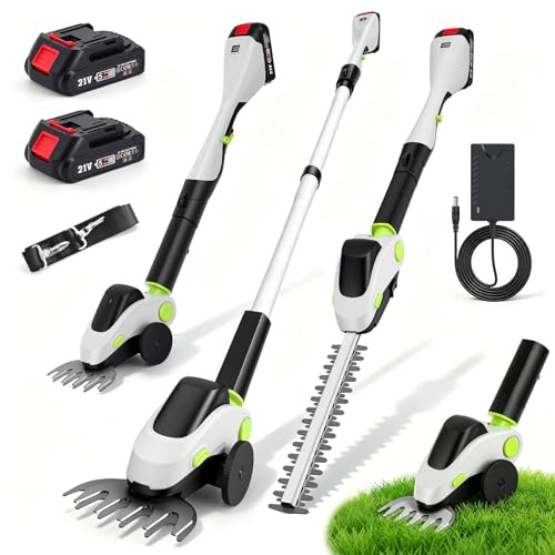 Tagliasiepi telescopico a batteria 21 V, 2 in 1, tagliasiepi a batteria con 2 testine sostituibili, motore a spazzola da 500 W, coltello SK5, testa di taglio regolabile in 11 posizioni, ideale per