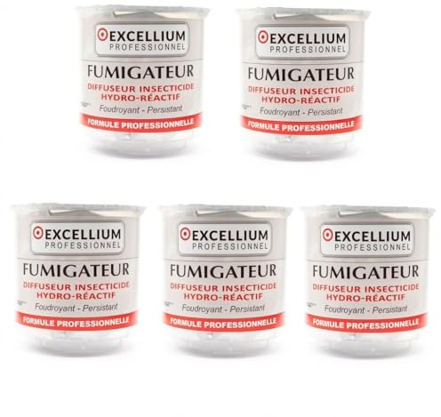 Lot 5 Fumigateurs Insecticides 20g EXCELLIUM PROFESSIONNEL Punaises 500m² | Cafards, moustiques, fourmis, puces, araignées, mites, guêpes ; activation à l'eau, sans gaz ni flamme ; usage intérieur