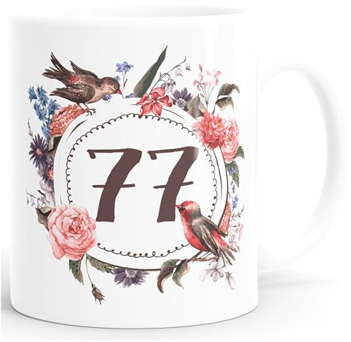MoonWorks Geburtstags-Tasse 77 siebenundsiebzig Geschenk-Tasse Kaffee-Tasse Blumen Blüten Blumenkranz weiß Unisize