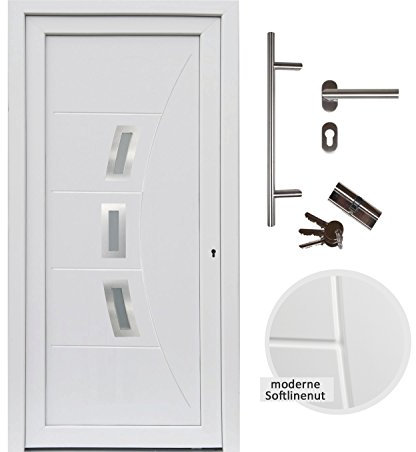 kuporta Kunststoff Haustür Eingangstür Nebeneingangstür Designline 108 x 208 cm weiß DIN links mit Stoßgriff-Set