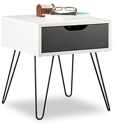 Relaxdays Nachttisch mit Schublade, modernes Design, eckiges Nachtschränkchen, HxBxT: 44 x 40 x 40 Zentimeter, grau, schwarz-weiß, Standard