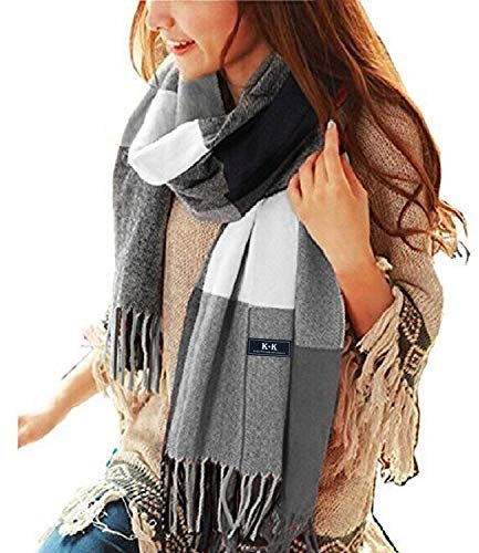 Bufanda de tartán para mujer, bufanda larga de invierno a cuadros, abrigo cálido de lana estilo británico para damas, chal largo con borla giratoria, Gris y Whitartan, M