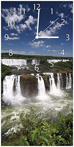 Wallario Design-Wanduhr Iguazu-Wasserfälle aus Glas, Motiv-Uhr Größe 30 x 60 cm, weiße Zeiger