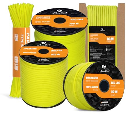 Abma Cord 4mm Paracord 550 Nylon Cuerda (10-15-30-50m) Tipo III 7 Hebras Cuerda de Nailon - MAX. 250 kg - Amarillo Neón, 30m