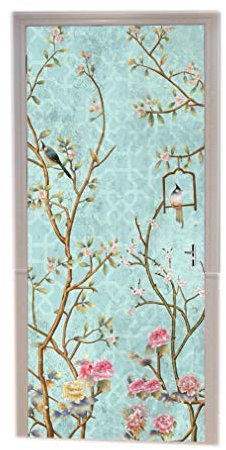 A.Monamour Türtapeten Selbstklebend 3D Traditionelle Chinesische Malerei Aquarell Blume Baum Vögel Blauem Hintergrund Türtapete Türposter Tapete 77x200cm