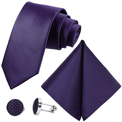 GASSANI 8 Cm Schmale Violette Herrenkrawatte Strukturiert Extra-Lang, Hochzeitskrawatte, Krawatten-Set Herrenschlips Einstecktuch Manschettenknöpfe