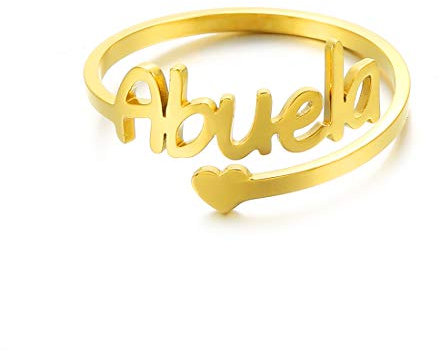 RWQIAN Bague Anneau de Nom Personnalisé Femme Ajustable en Forme de Coeur Cadeau Anniversaire Saint Valentin Argent/d'or/Or Rose (Abuela-gold)