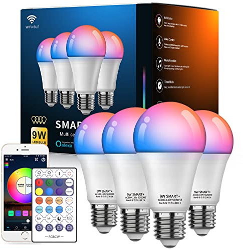 Vanance Smart Light Bulbs, WiFi & Bluetooth 5.0, Work with Alexa Google Assistant, App Control, Color Changing LED Bulb,E26 800LM Dimmable RGB Lights, Smart Home Lighting, Dimmable, 4Pack with Remote