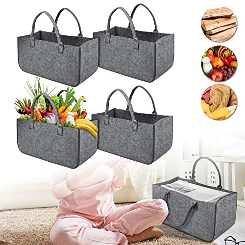 NAIZY Filztaschen 4 Stück Kaminholztasche Filz, Faltbar Groß Kaminholzkorb Filztasche Shopper für Holz Zeitungen Kaminholz Filztasche Maße 50 x 25 x 25 cm - Hellgrau