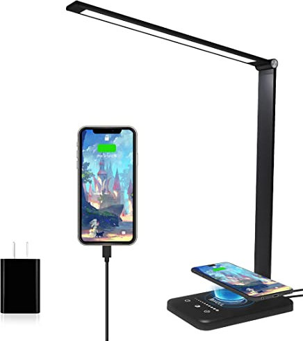 Lampe de Bureau LED avec Chargeur sans Fil, Lampes de Bureau Dimmable 10 Niveaux de Luminosité 5 Modes de Couleur, Lampe de chevet Avec Port USB et Fonction Minuterie, Flexible Contrôle Tactile
