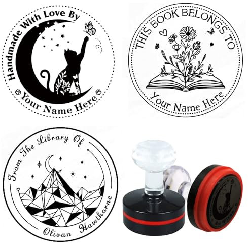 PLIGREAT Namensstempel Personalisierung für Hochzeiten Einladungen Geschenkanhänger Buch, Individuell Text Adressstempel Firmenstempel mit 16 Entwürfe Logo, Selbstfärbender Bibliothek Stempel