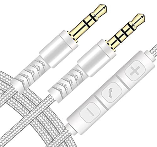 Reheyre 3.5mm Jack Male to Male Audio Cable 1.2m Aux Cable Volume Control with Mic for iPhone for iPad - White