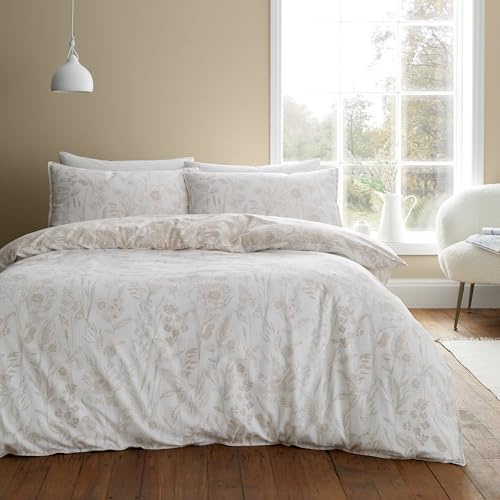 Bianca Wende-Bettwäsche-Set mit Kissenbezügen, gebürstete Baumwolle, Blumenmuster, für Super-Kingsize-Bett, naturfarben