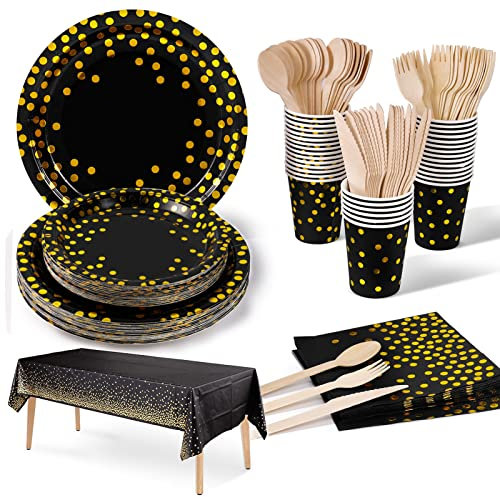 Nkaiso Stoviglie per Feste Oro Nero 141 Pezzi Stoviglie Carta Set Include Piatti di Carta Tovaglioli Tazze di Carta stoviglie, per Nuziale Doccia, Fidanzamento, Matrimonio, Compleanno(20 Ospiti)