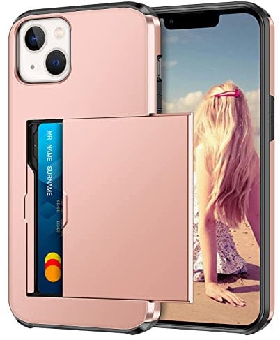 Coolden for iPhone 14 Case Wallet Case Armor Shockproof Case Heavy Duty Protective Case Hard PC Back Soft TPU Bumper Card Holder Slot Wallet Case Cover for iPhone 14 Phone Case (Rose Gold)