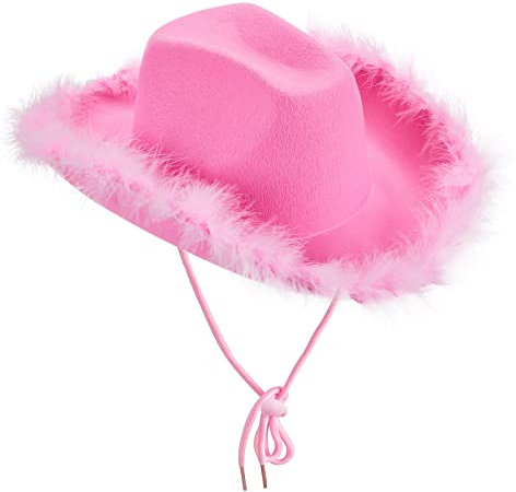 Yoisdtxc Cowboyhut für Damen, Plüschbesatz, Kordelzug, verstellbare breite Krempe, Anglerhut, Sommer, Date, Mode, Party, A-Pink, Einheitsgröße
