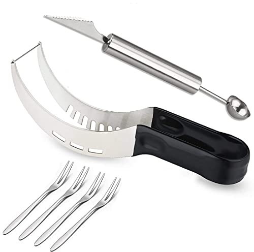 KECRULV Affettatrice per Anguria in Acciaio Inossidabile, Taglierina Anguria con 2 In 1 Coltello per Intagliare la Frutta e 4pcs Forchetta in Acciaio Inox, per Melone, Frutto del Drago, Cantaloupe