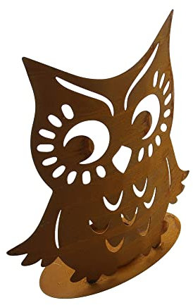 FRANK FLECHTWAREN Kerzenhalter Eule, Metall in trendigem Rostdesign, Maße: Höhe 24 cm, passend für Kerze max. Ø 5 cm, ohne Kerze