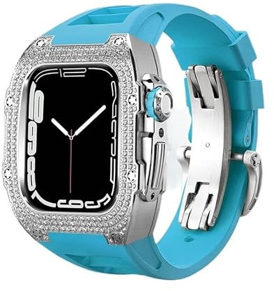 KANUZ Diamant DIY Modifikation Kit für Apple Watch Serie 8 7 45 mm Luxus Edelstahl Mod Kit für iWatch 44 mm Gummiband (Farbe: 28 mm, Größe: 45 mm)