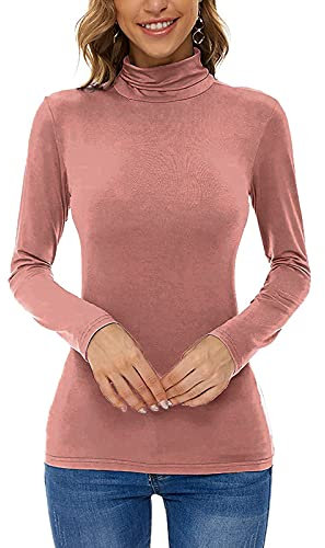 Sous-pull à manches longues pour femme - Col roulé fin - En coton - Basique - T-shirt à manches longues - Haut moulant - Col roulé - Couleur unie - Stretch - Élégant, Rose, M