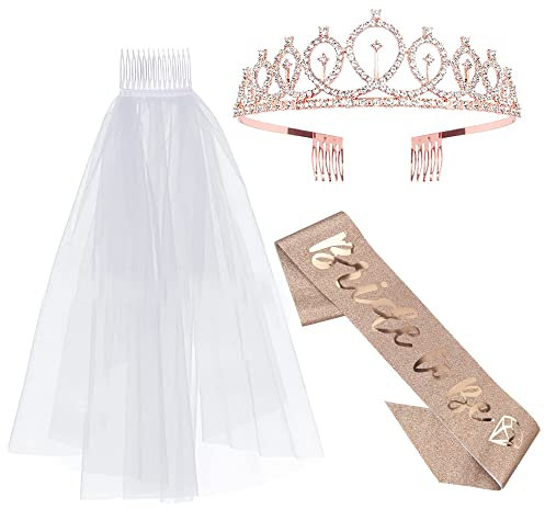 CENRONG Bride to Be Schärpe und Schleier,3 Stück Krone Haarreif,Weißer Schleier mit Kamm,mit Schärpe,für Braut, Bachelorette Party, Jungge sellinnenabschied, Brautparty, Hochzeit
