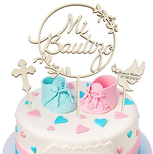 3pcs Topper Tarta Madera Mi Bautizo Paloma Cruz Decoración Bautizo Cake Topper para Fiesta Bautizo Comunión Español Niños