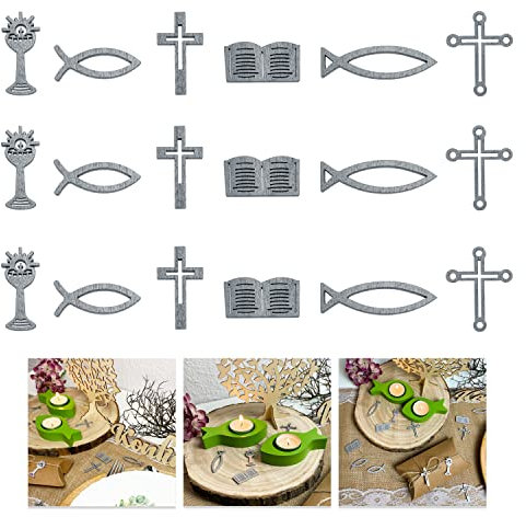 Oblique Unique® Tischdeko Set 18 teilig Holz Kreuze Fische Bücher UVM. Echtholz Streuartikel Streudeko für Taufe Kommunion Konfirmation Firmung Taufdeko (Silber)