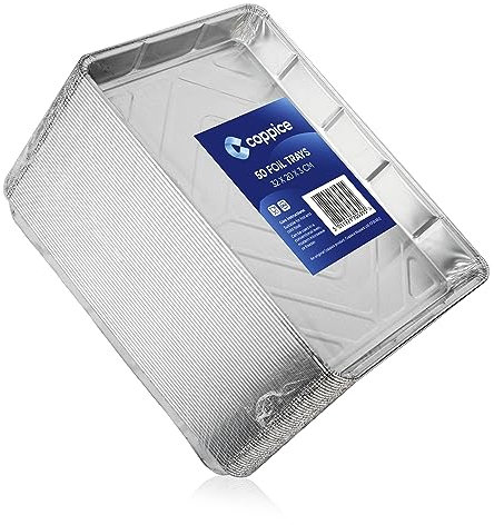 Coppice Bandejas de Aluminio para Hornear, Asar, Parrilla, Barbacoa y Conservación de Alimentos | Apto para Horno, Microondas y Congelador | 32 x 20 x 3 cm (Pack de 50)