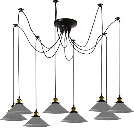 LEDSone Vintage 5 Kopflampe Spinne Lampe Pendelleuchte Höhenverstellbar Metall Schwarz Käfig Lampenschirm Retro Industrie Deckenleuchte Kronleuchter mit E27-Fassung (Grau)