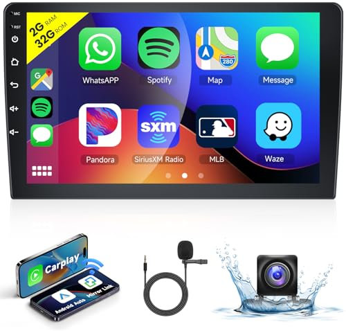Podofo Android 13 Radio de Coche 2 DIN 2+32G Inalámbrico Carplay Android Auto Bluetooth Pantalla táctil de 10.1'' 26 UI FM/RDS Control del Volante GPS EQ Mic con Cámara de Visión Trasera AHD