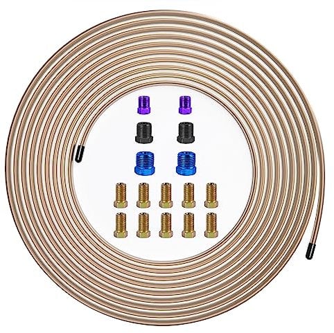 MuHize Bremsleitungen aus Kupfer und Nickel, 1/4 Zoll, Kupfer und Nickel, 25 Fuß, 1/4 Zoll mit 16 Zubehörteilen, 1/4 Zoll Bremsleitung Ersatz-Kit (2023 neu)