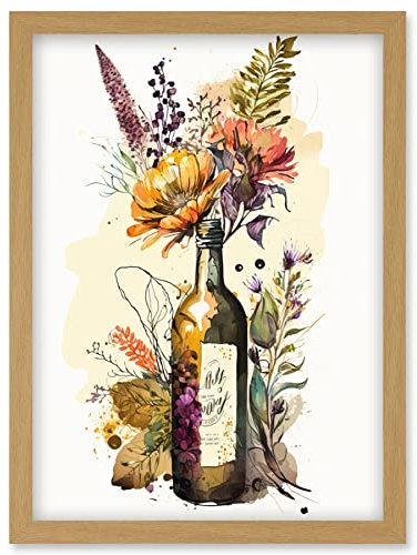 Artery8 Wildflower Bouquet in Upcycled Glass Wine Bottle Artwork Framed Wall Art Print A4