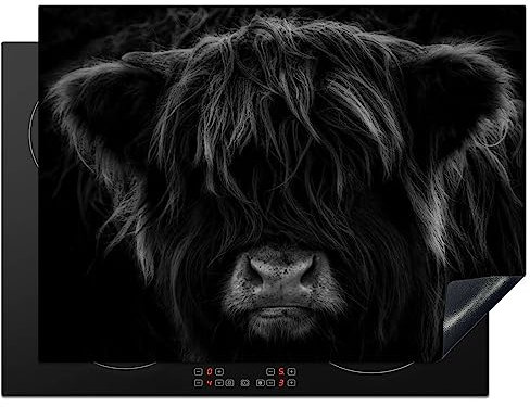 KitchenYeah© Induction Hob Protector Mat 20.5x27.6 / 70x52 cm Stove Cap Top Cover Kitchen Cooker Covers for Electric Hobs Vinyl Scottish Highlander - Cow - Black - White - Animals