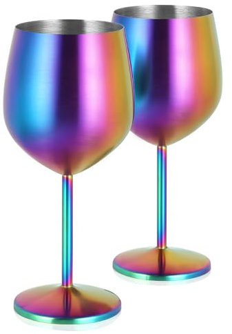 Livole Cocktailgläser aus Edelstahl, Rotweingläser mit Stiel, Unzerbrechlich Weingläser, 18Oz 550ml Sektgläser, Champagner Gläser Set für Partys, Picknicks, Camping, Bunt (2er Pack)