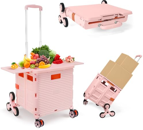 Foldable Utility Cart with Stair Climbing Wheels,Collapsible Rolling Crate with Magnetic Lid Telescopic Cover,Telescoping Handle,360° Rotate Wheel Hand Cart for Teacher Shopping Moving Grocery(Pink)
