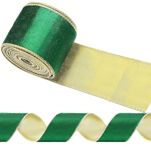 Christmas Ribbon, Green Wired Velvet Christmas Tree Ribbon with Gold Edge 2.5in X 10 Yard Vintage Velvet Ribbon, Christmas Ribbon for Christmas Decor Gift Packaging Xmas Wreath Crafts Party Decoration