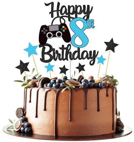 Joyeah Happy 8th Birthday Cake Topper Glitter Video Game Cake Pick Game On Cheers to 8 Years Cake Decoration for Game Theme Happy 8th Birthday Party Supplies Blue
