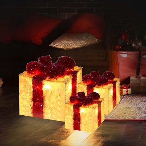 Just For Christmas Light Up Present Boxes - Set of 3 Christmas Parcel Lights with 55 Battery Operated LEDs, Bright LED Glow, Ribbon and Bows, Perfect for Indoor Table & Fireplace Display