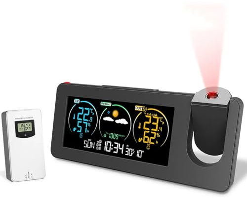 Projection Alarm Clock, Weather Station with Outdoor Sensor, Bedroom Projector Dimmable Clock Dual Alarms LCD Display Date Time Temperature Humidity and Weather Forecast
