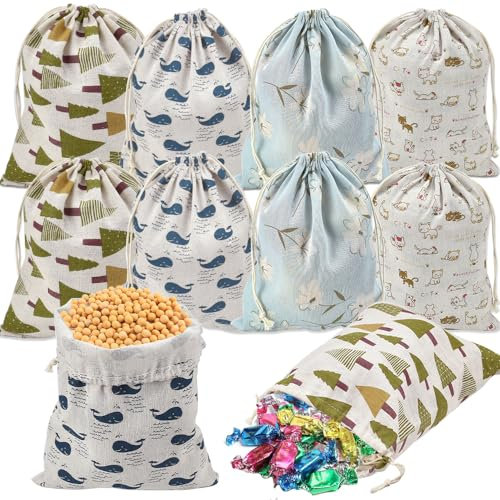 NAROSEBE 12 Pcs Sacs en Coton avec Cordon, Pochette Tissu 31x25cm, Sachets en Jute Lavable, Sac en Toile de Jute Imprimé 4 Motifs, Sac Réutilisable en Tissu Respirant, pour Cadeau Bijoux Légume Voyage