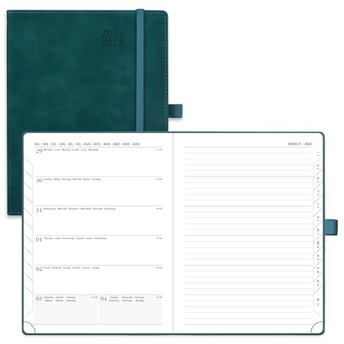 POPRUN Kalender 2025 Buchkalender A5 Notizbuch (Aug.2024-Dez.2025), ca. A5 (22 x 16,5 cm), Terminplaner, Wochenplaner 2025 Softcover mit PU-Leder, Zertifiziertem Papier - Petrolgrün