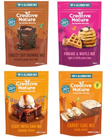 Gluten Free Cake Mix | Creative Nature Vegan Baking Mixes Variety Pack | Nut Free, Dairy Free | Pancake & Waffle, Sticky Toffee, Carrot Cake, Brownie | Top 14 Allergen Free | x4
