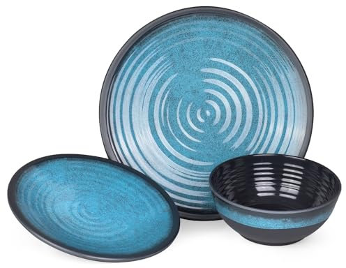 Camping Geschirr Set 1 Person 3-teilig | Melamin | Picknick Geschirrset | Campinggeschirr Stone Blue Design