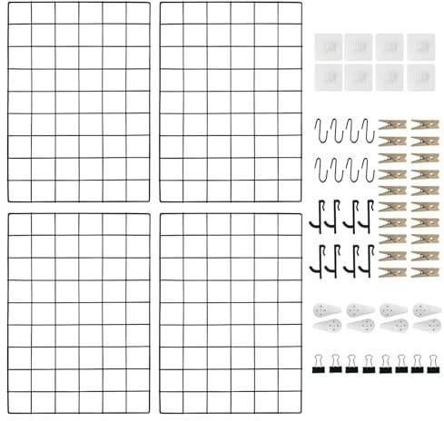 CIKLCIX Metal Grid Wall Panel, Wire Grid Photo Display Organizer, 17.3×11.8 Wire Board Grid Wall, Grid Picture Frame, 4-Pack Wire Mesh Memo Board with Clips and Hooks